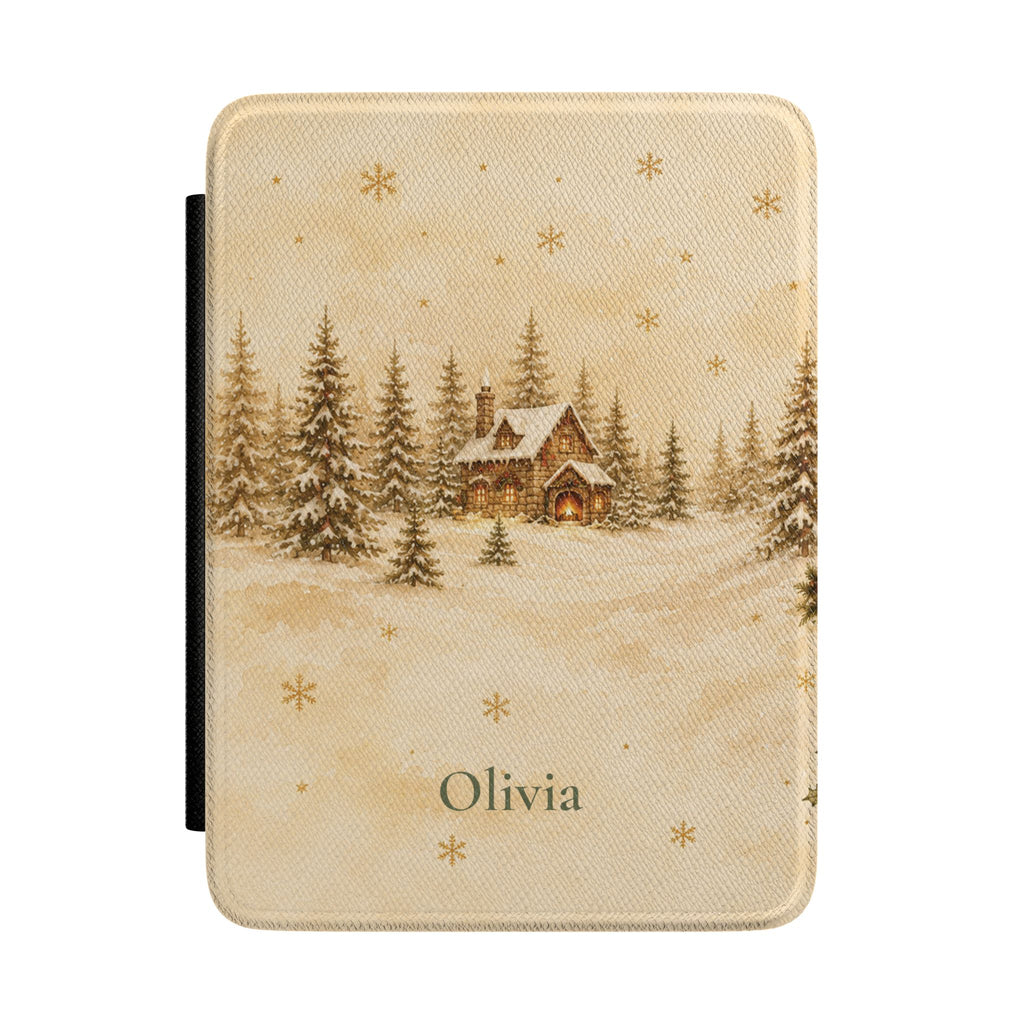 Snowy winter cottage personalized Kindle case with custom name