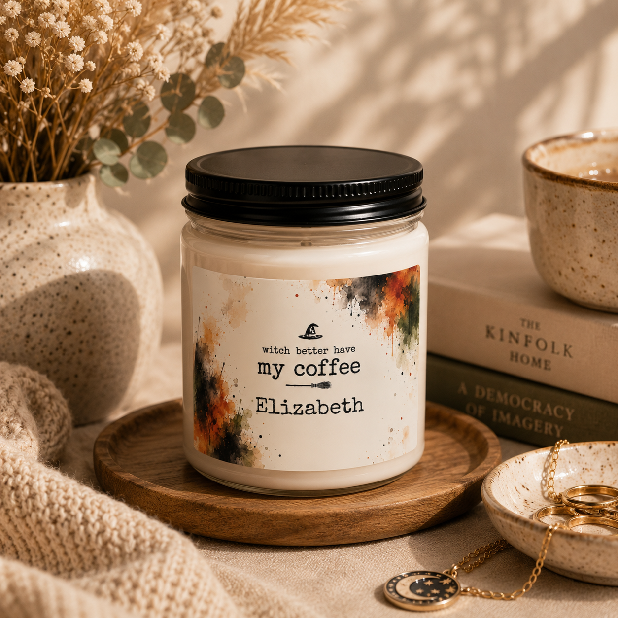 Personalized Halloween coffee candle shown on a table as part of home decor