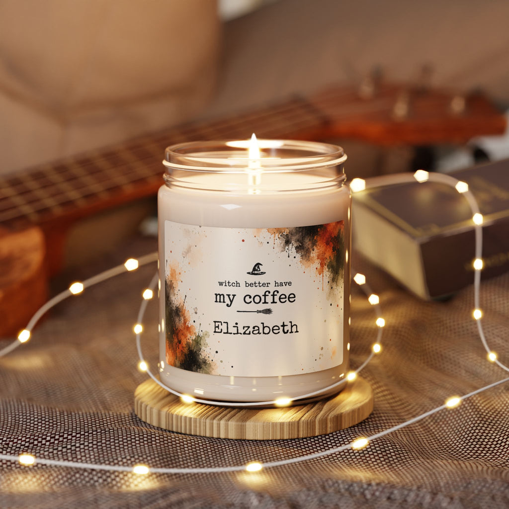 Personalized Halloween candle displayed in a cozy living room setting