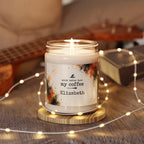 Personalized Halloween candle displayed in a cozy living room setting