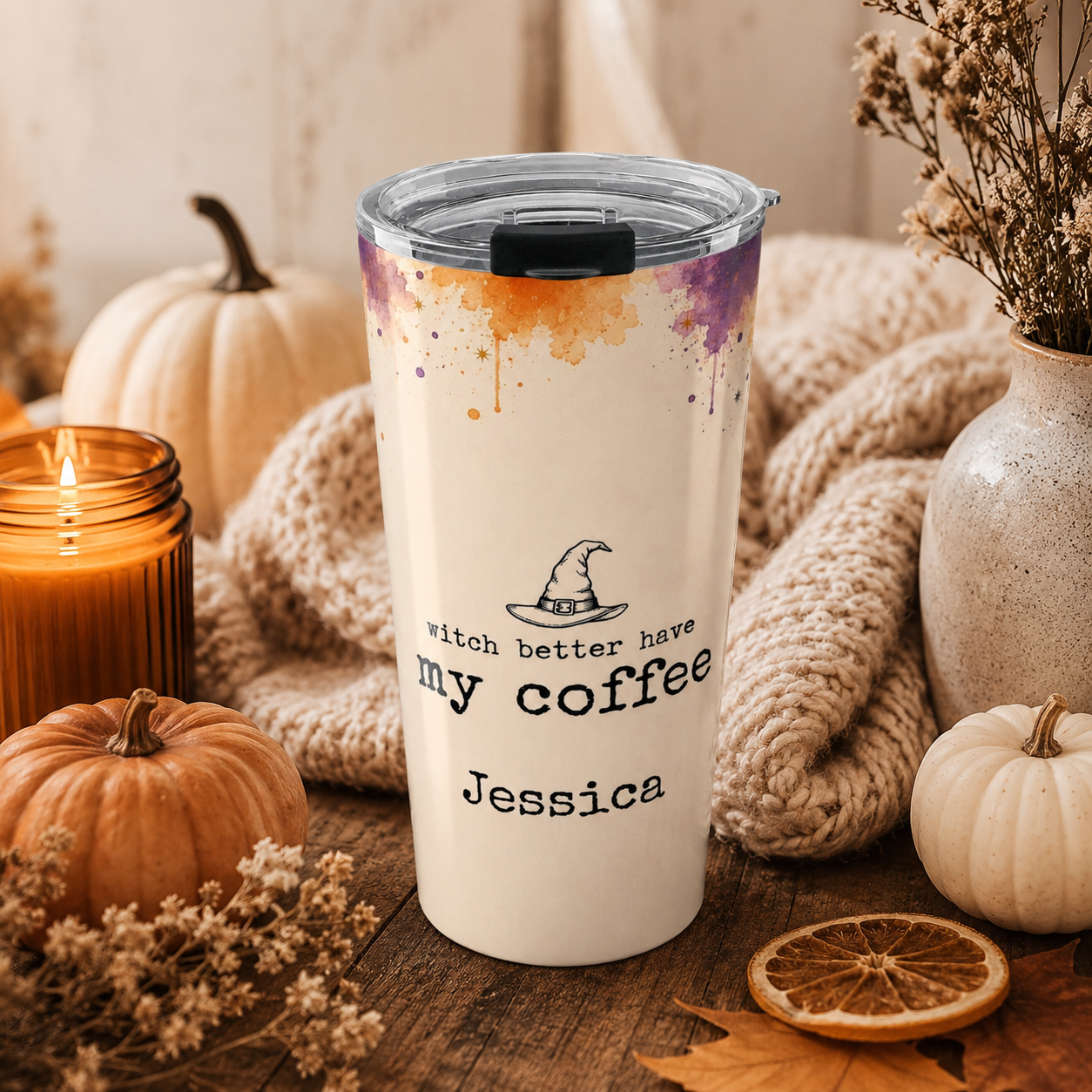 Close-up of custom name personalization on Witch Better Have My Coffee tumbler