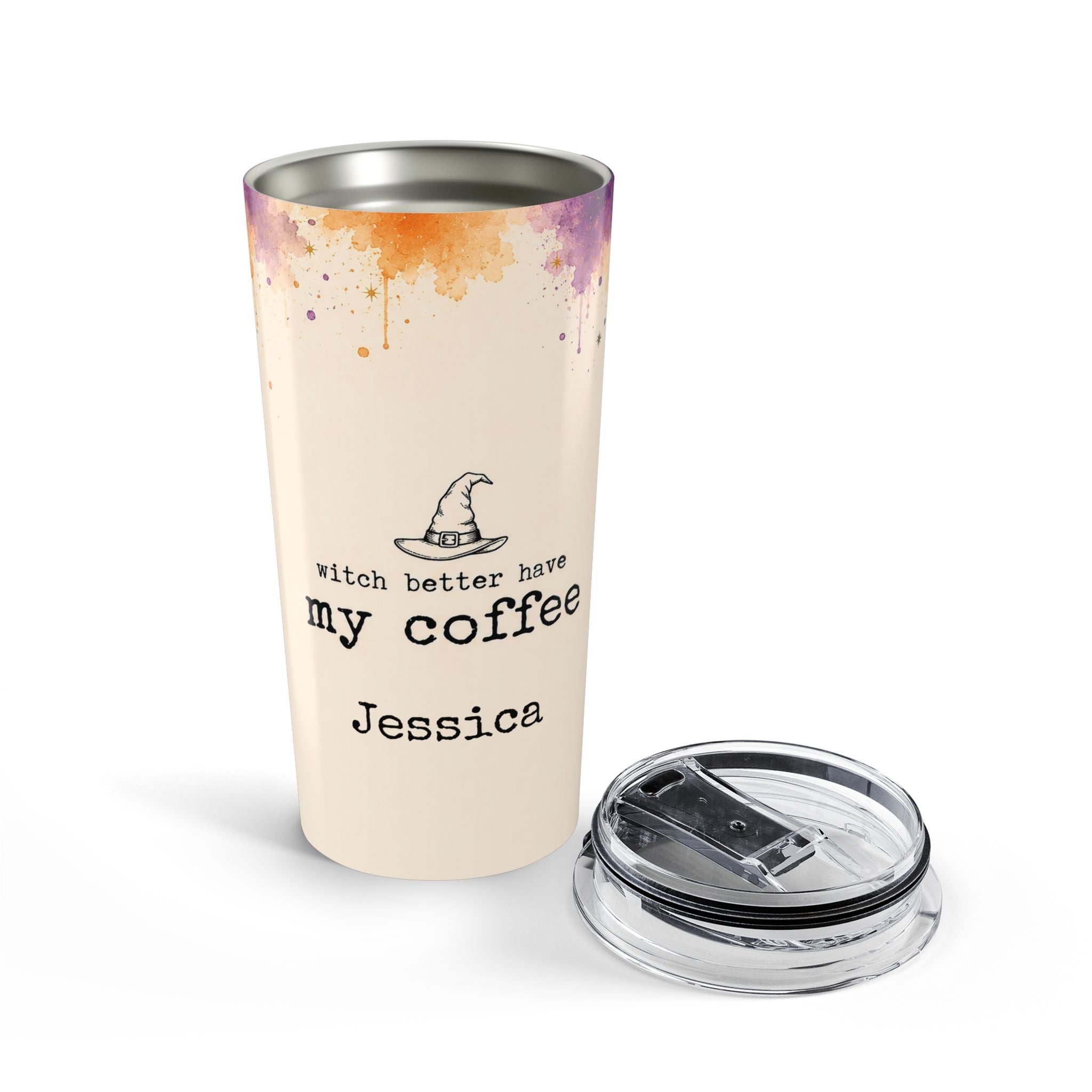 Witch Better Have My Coffee tumbler styled with fall decor on a table
