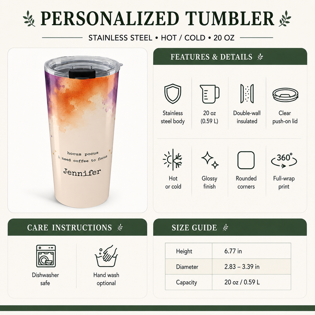 Back angle of personalized witchy Halloween tumbler with watercolor design