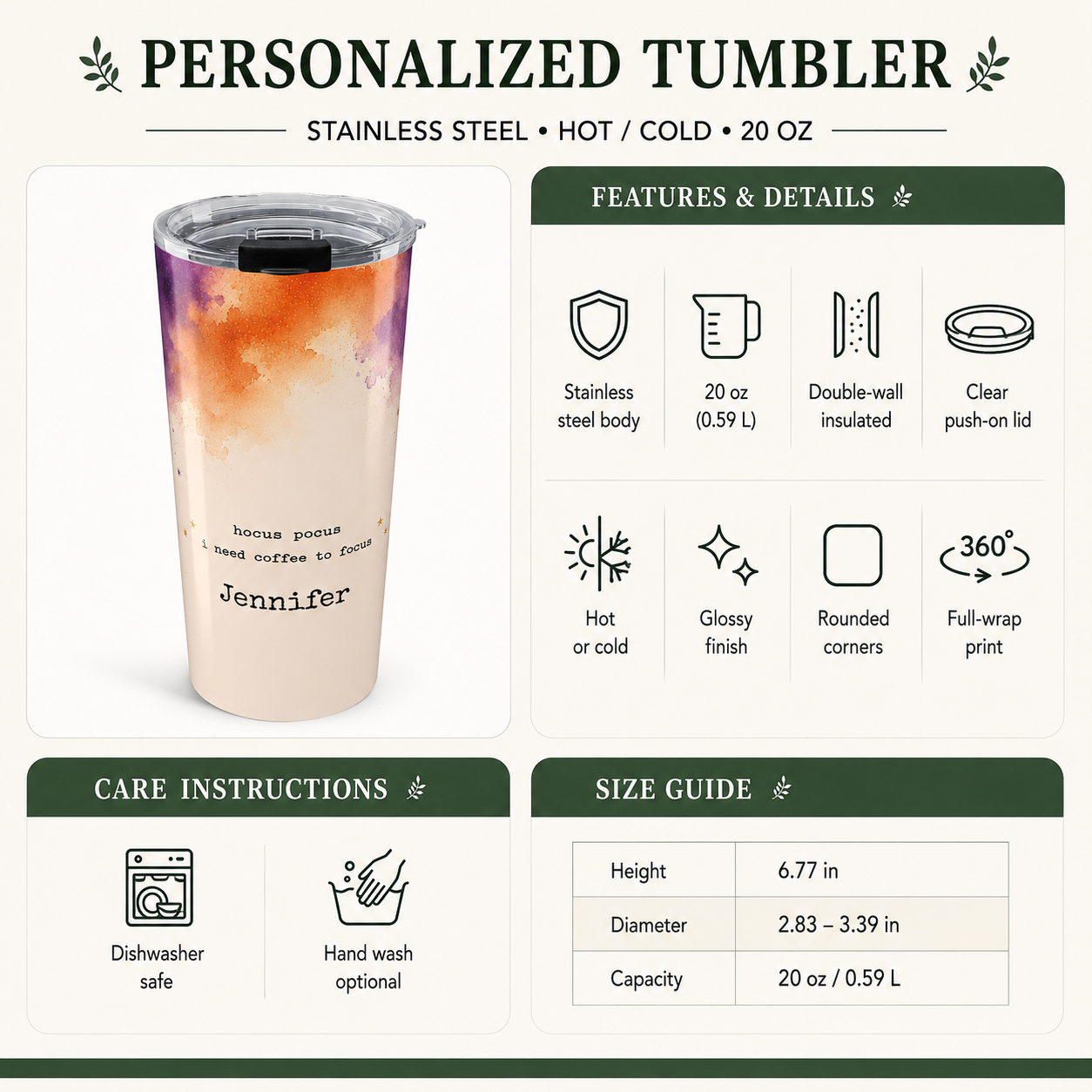 Back angle of personalized witchy Halloween tumbler with watercolor design