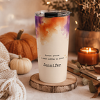 Close-up of custom name personalization text on witchy Halloween tumbler