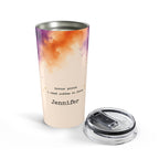 Personalized Halloween tumbler styled on a table with fall decor