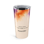 Personalized witchy Halloween tumbler with hocus pocus coffee quote and custom name in purple and orange watercolor design
