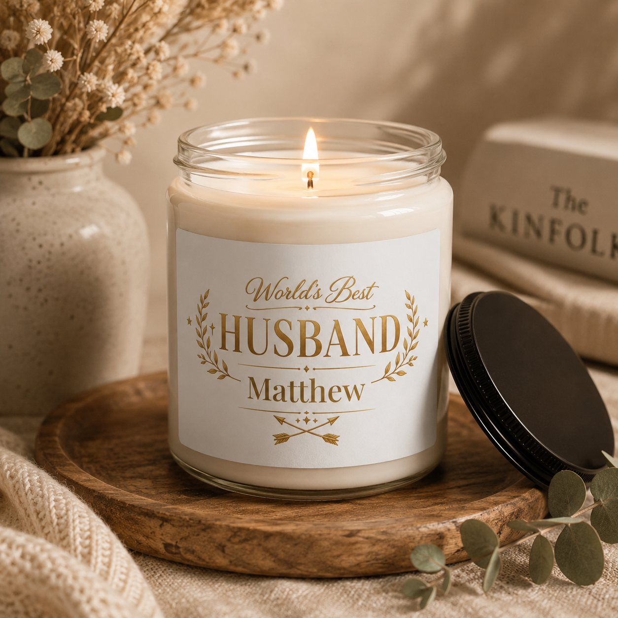 Personalized World's Best Husband candle shown on a shelf as part of home decor