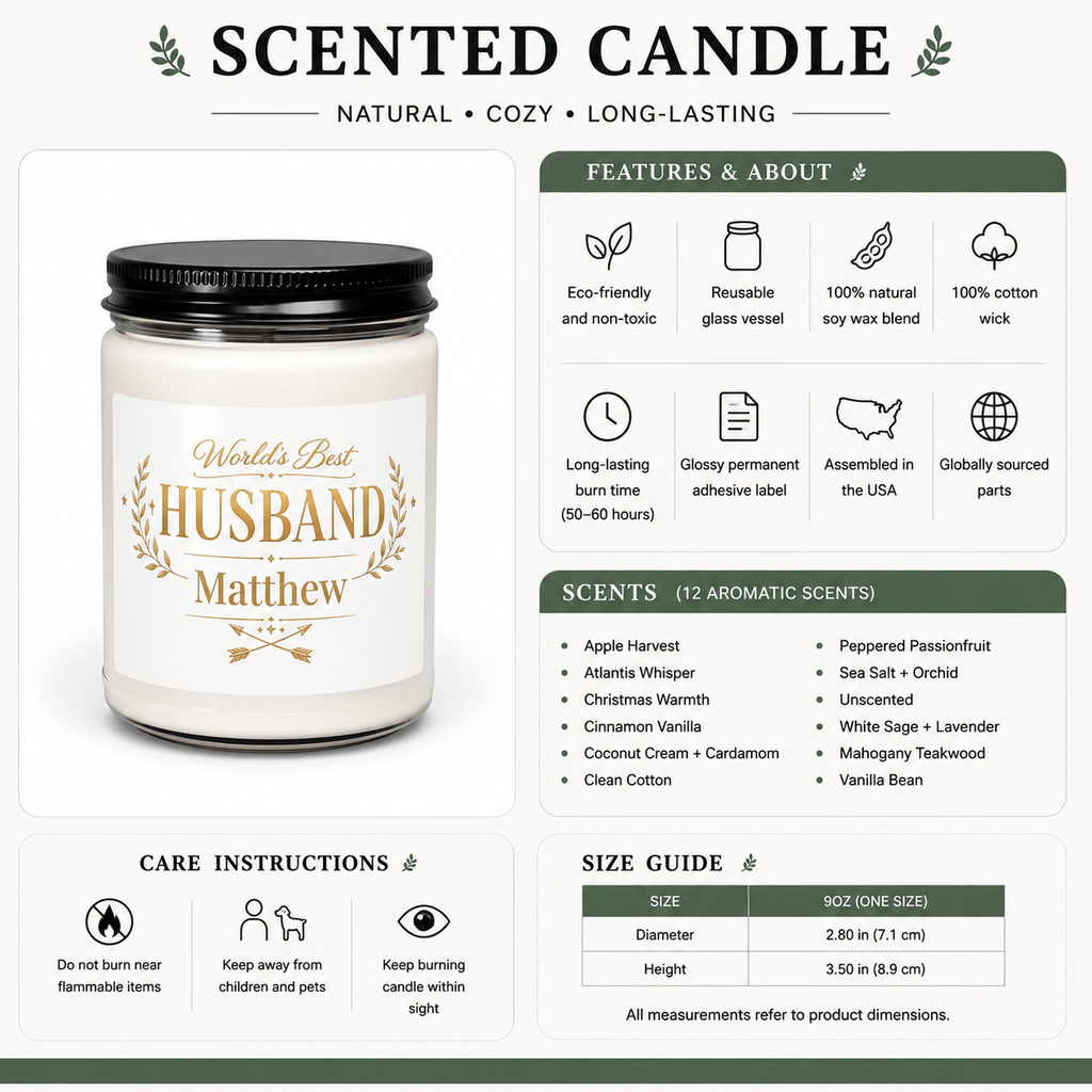 Personalized World's Best Husband candle lit, showing the soft glow of the flame