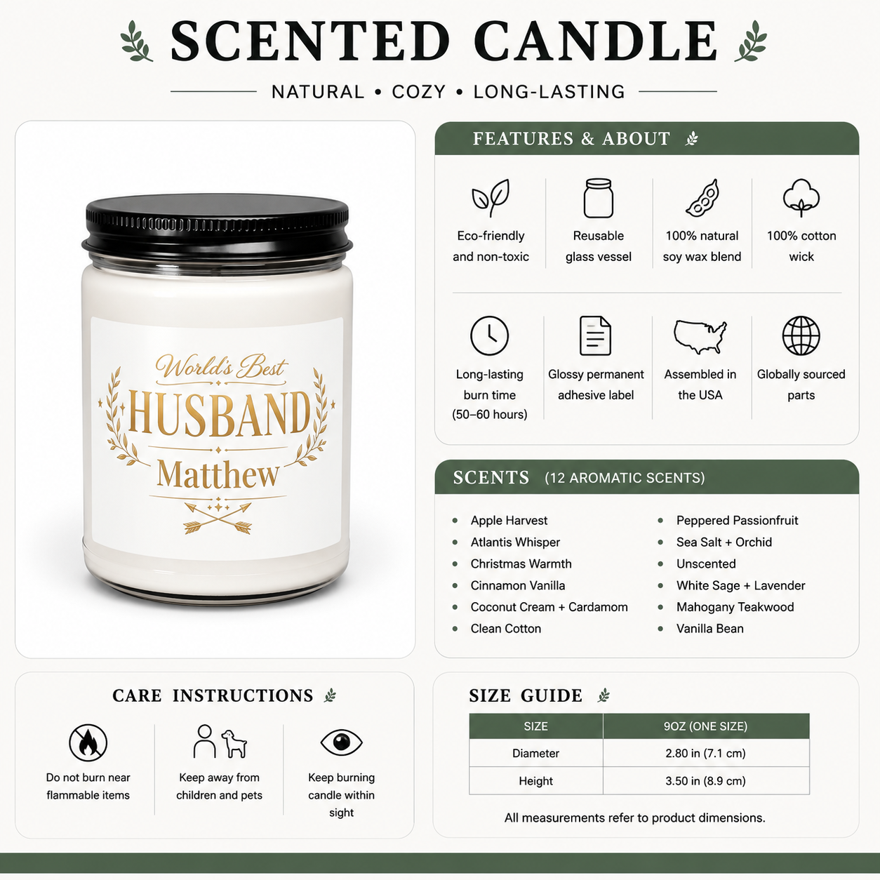 Personalized World's Best Husband candle lit, showing the soft glow of the flame