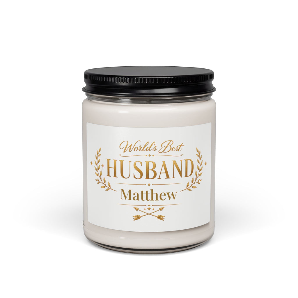 Personalized World's Best Husband soy candle with gold wreath design and the name Matthew