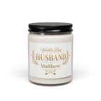 Personalized World's Best Husband soy candle with gold wreath design and the name Matthew