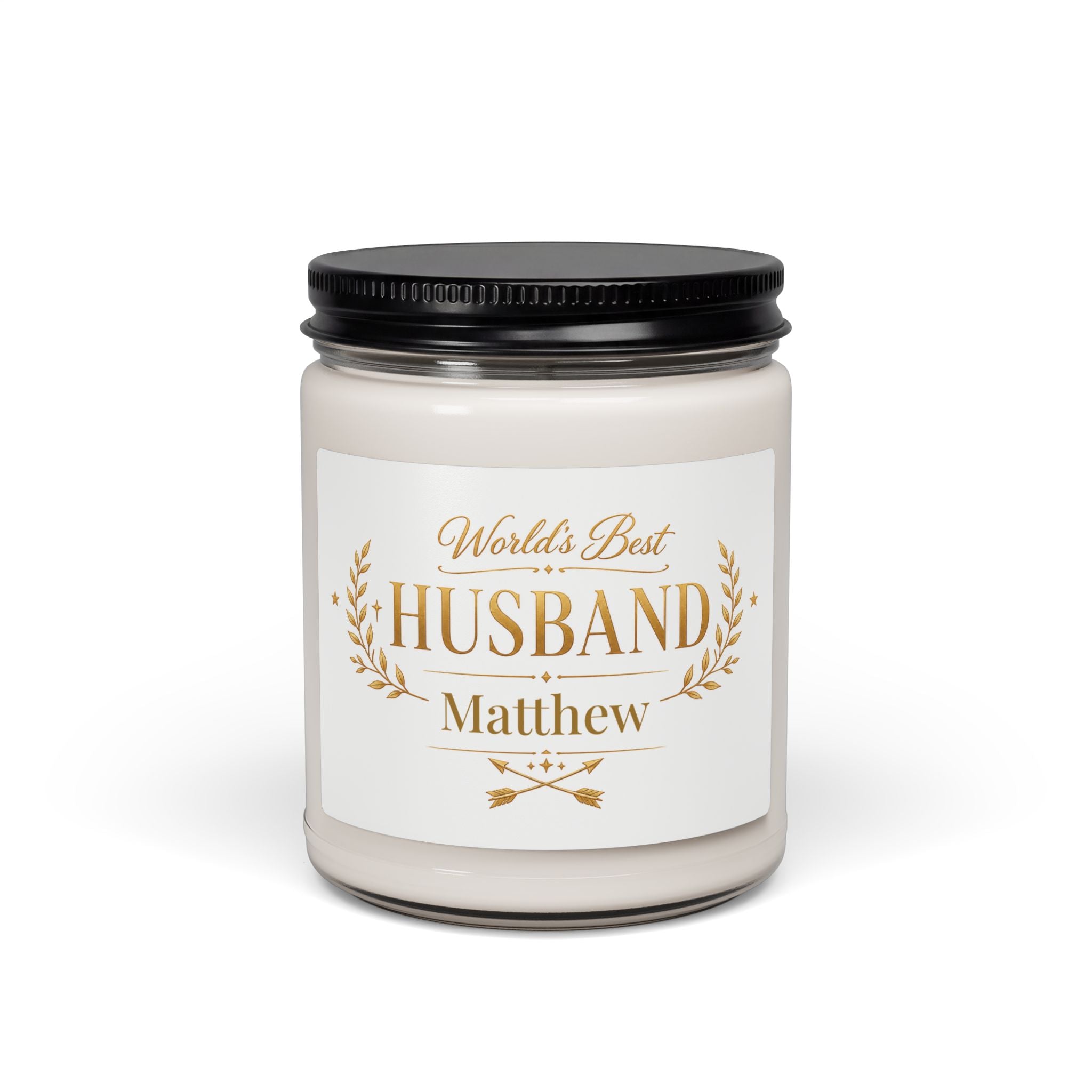 Personalized World's Best Husband soy candle with gold wreath design and the name Matthew