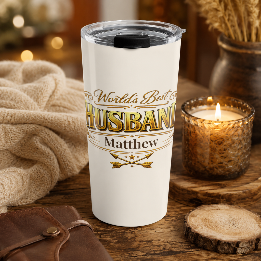 Close-up of custom name personalization on World's Best Husband tumbler
