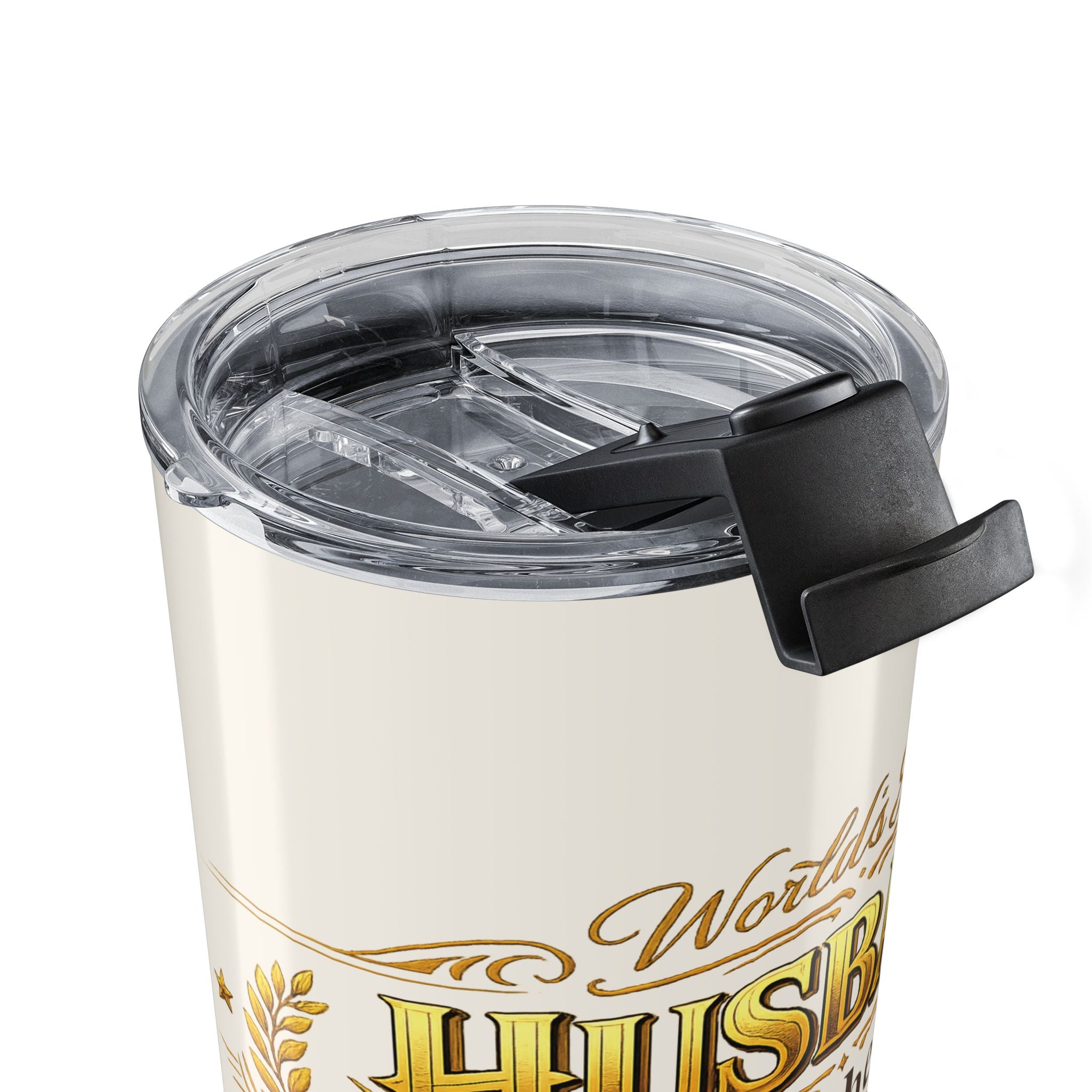 World's Best Husband tumbler held in hand showing size and grip