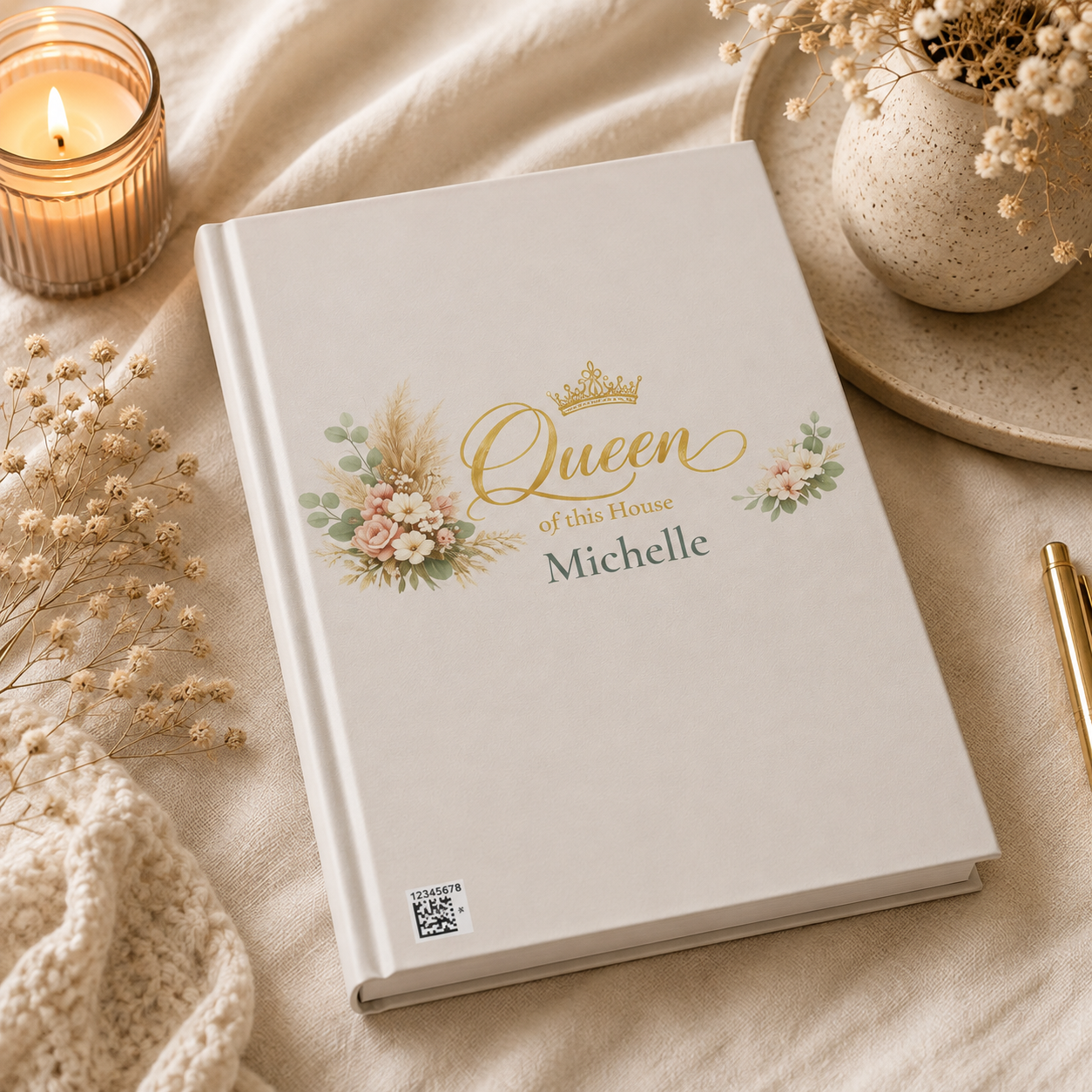 Closed Queen of This House hardcover journal standing upright showing the spine