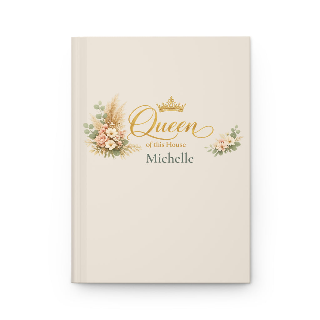 Queen of This House personalized journal open flat showing gold crown design and custom name