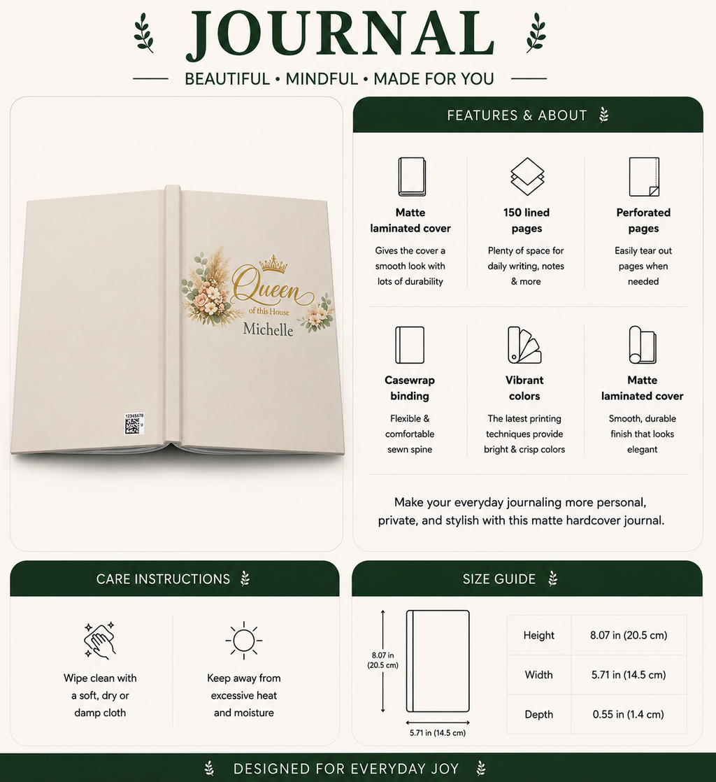 Queen of This House personalized journal displayed on a living room shelf as home decor