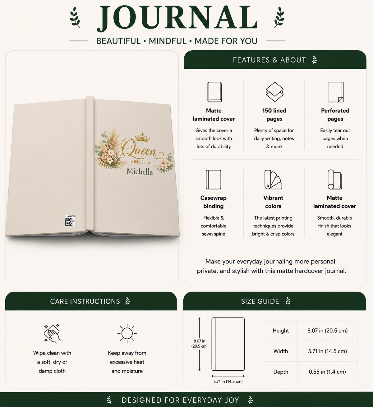 Queen of This House personalized journal displayed on a living room shelf as home decor