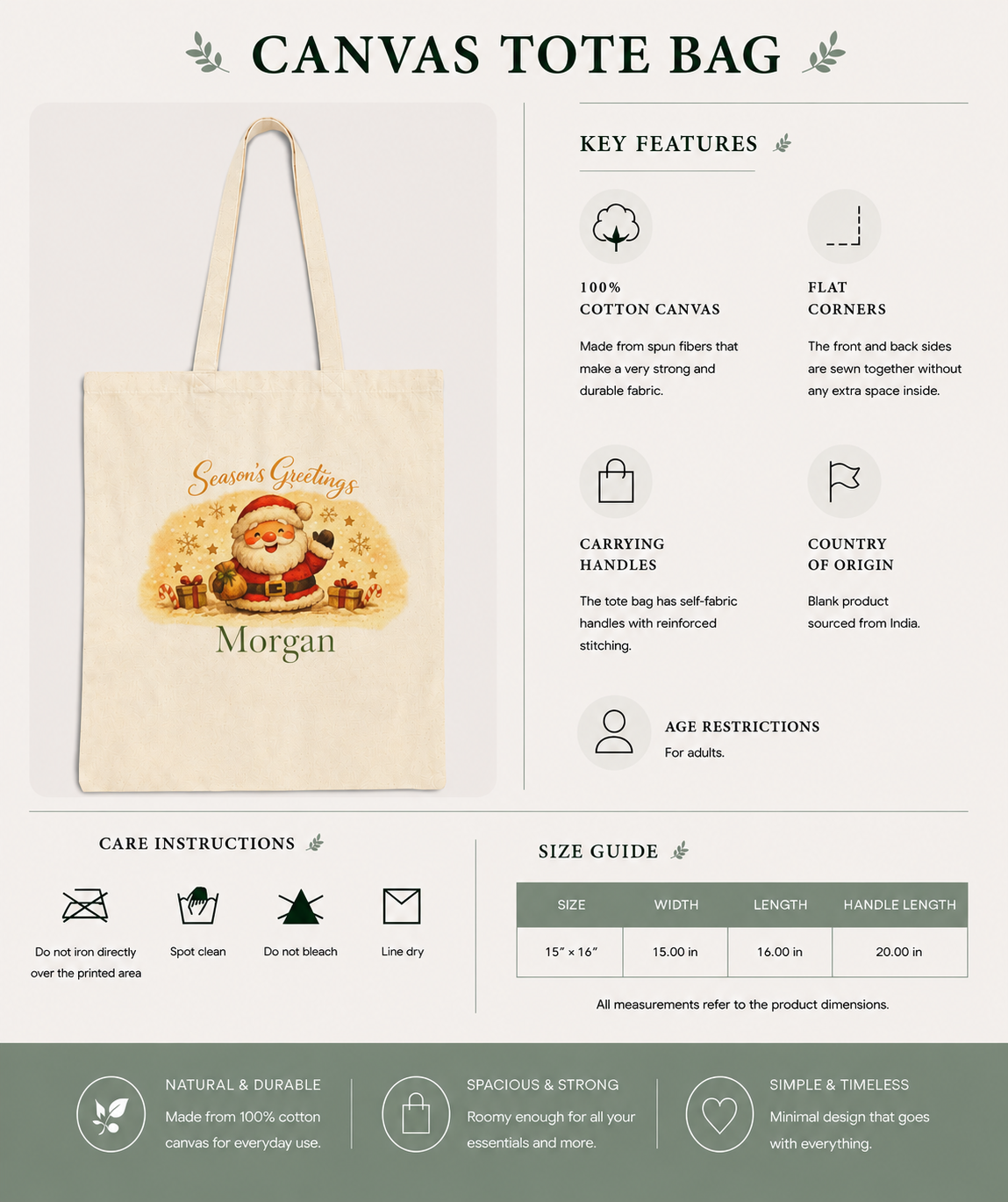Seasons Greetings Santa personalized tote bag folded flat lay