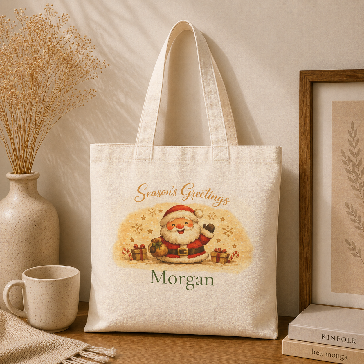 Seasons Greetings Santa personalized tote carried over the shoulder, lifestyle shot