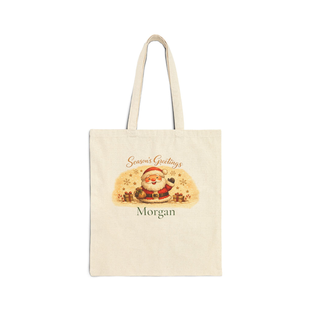 Personalized Seasons Greetings Santa canvas tote bag with custom name