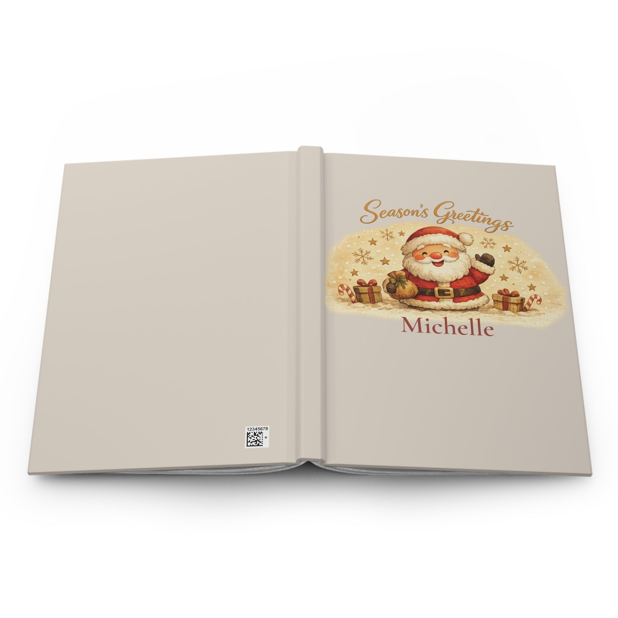Back cover of the Season's Greetings journal showing the discreet production barcode