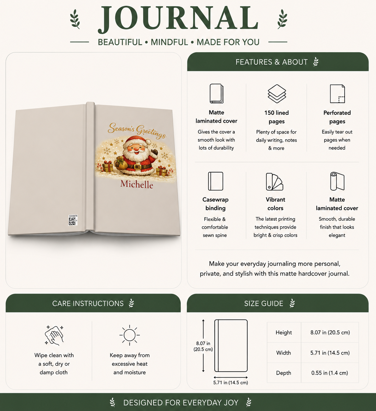 Season's Greetings personalized journal styled near a Christmas tree as a holiday gift