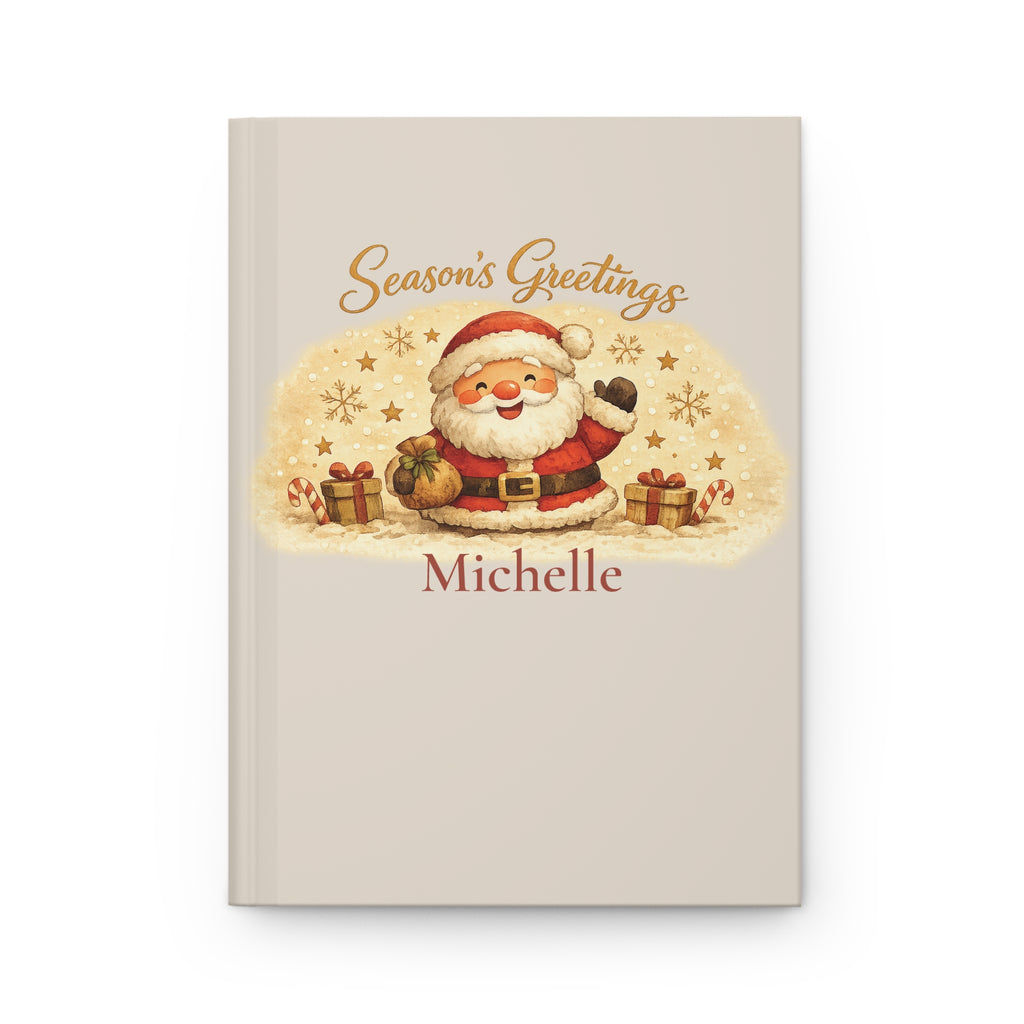 Season's Greetings personalized journal open flat showing custom name on cream cover with Santa illustration