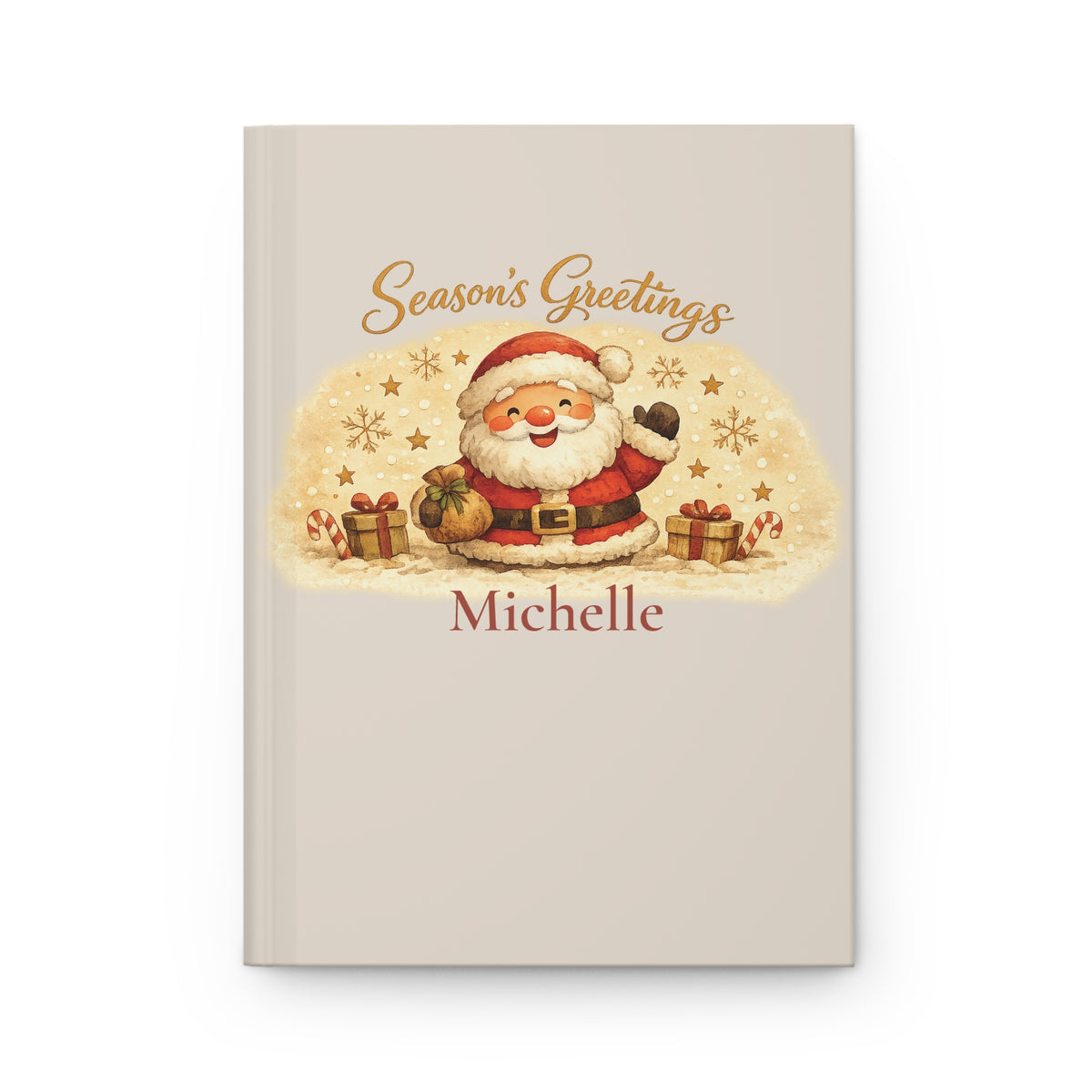Season's Greetings personalized journal open flat showing custom name on cream cover with Santa illustration