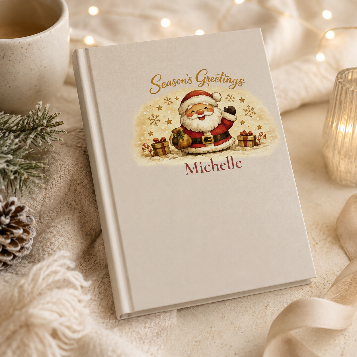 Closed Season's Greetings hardcover journal standing upright showing the spine