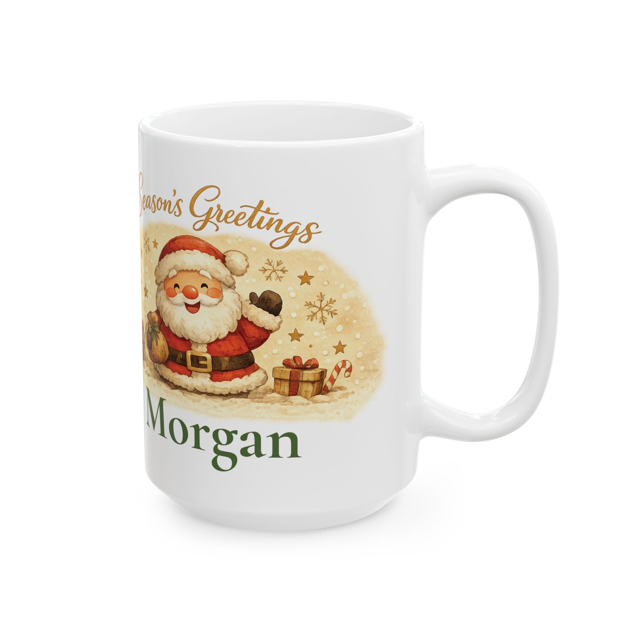 Close-up of the Santa and gift design on the Christmas mug