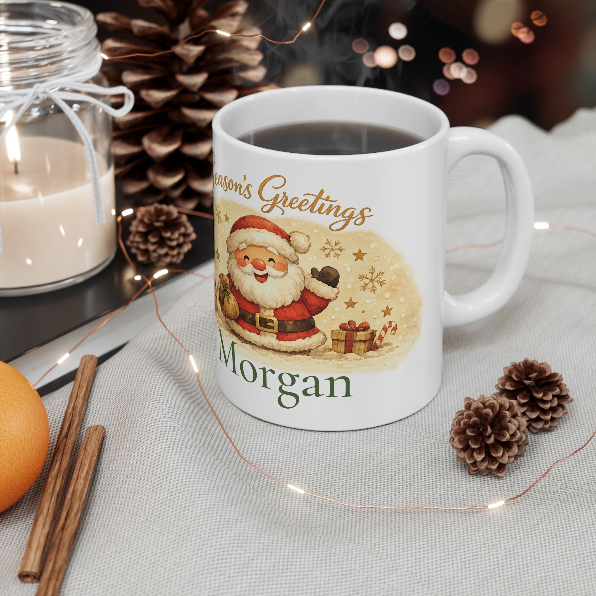 Season's Greetings Santa mug shown in gift packaging