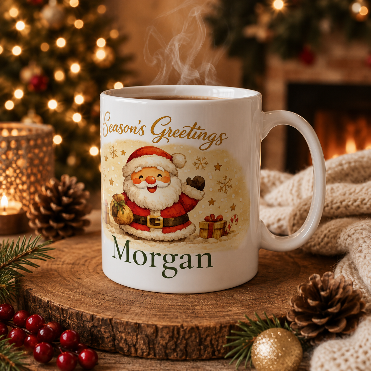 Season's Greetings Santa mug displayed on a table with holiday decor