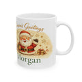 Season's Greetings personalized Christmas mug with cute Santa design and custom name