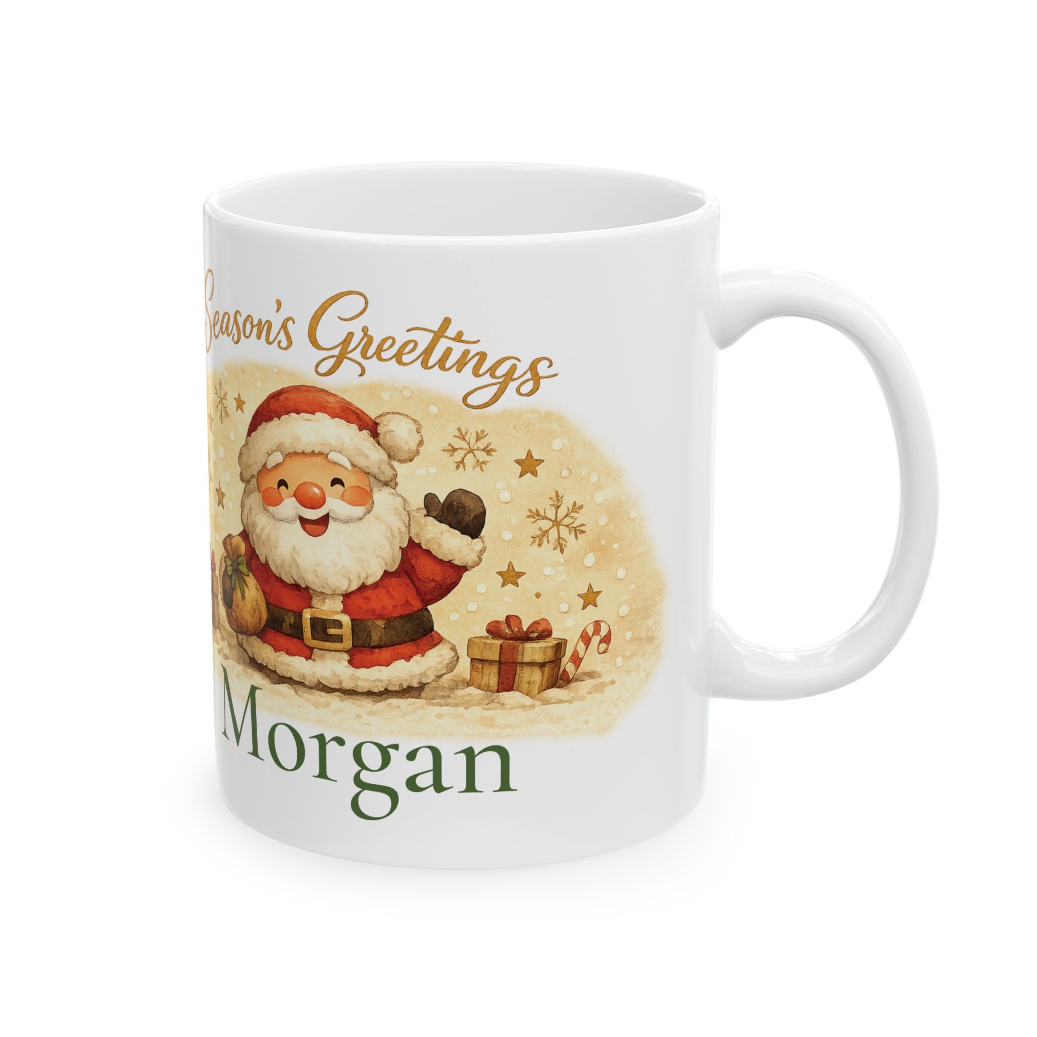 Season's Greetings personalized Christmas mug with cute Santa design and custom name