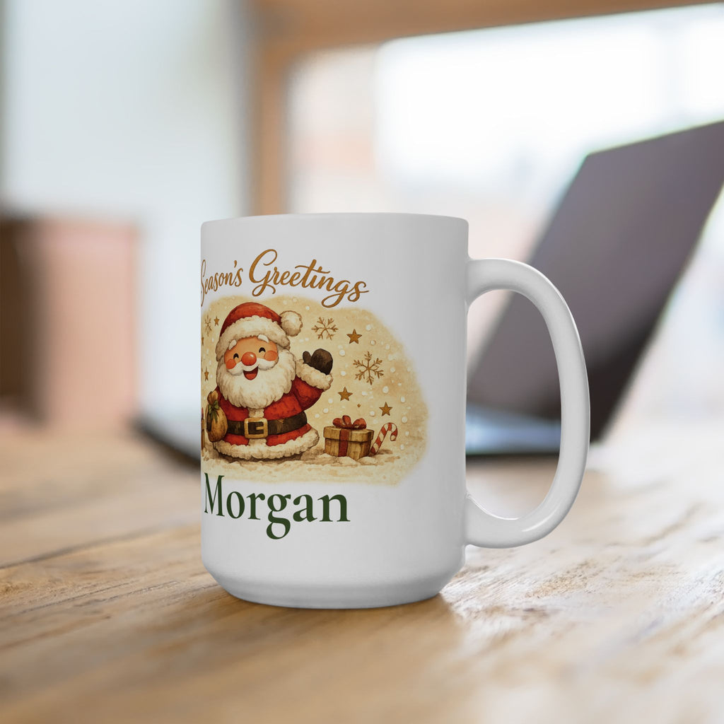 Season's Greetings Santa mug displayed on a shelf