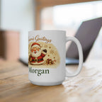 Season's Greetings Santa mug displayed on a shelf