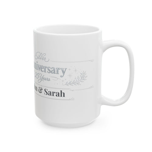 Close-up of silver leaf script on the anniversary mug