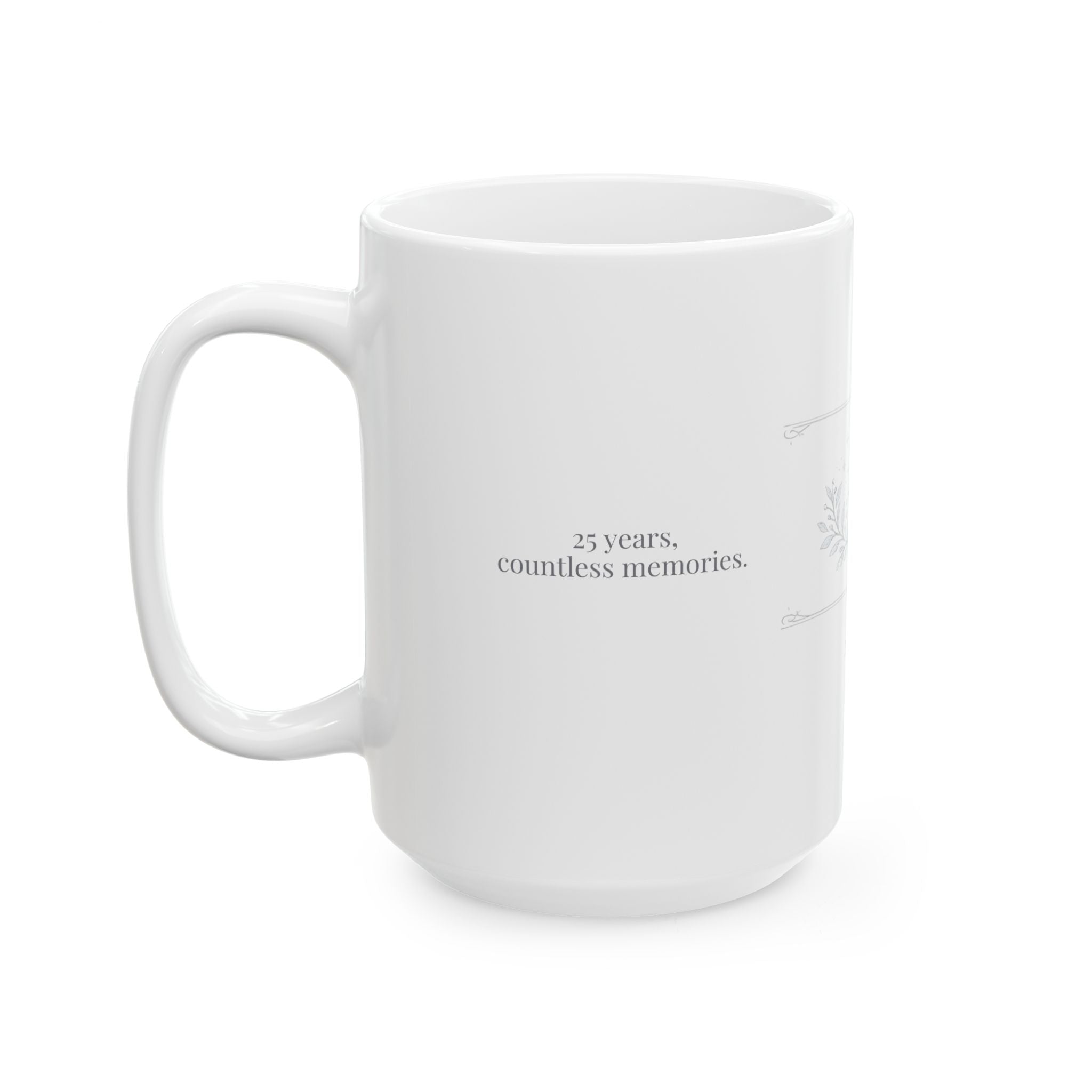 Detail shot of the glossy ceramic finish on the silver anniversary mug