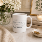 Silver anniversary mug displayed on a kitchen counter