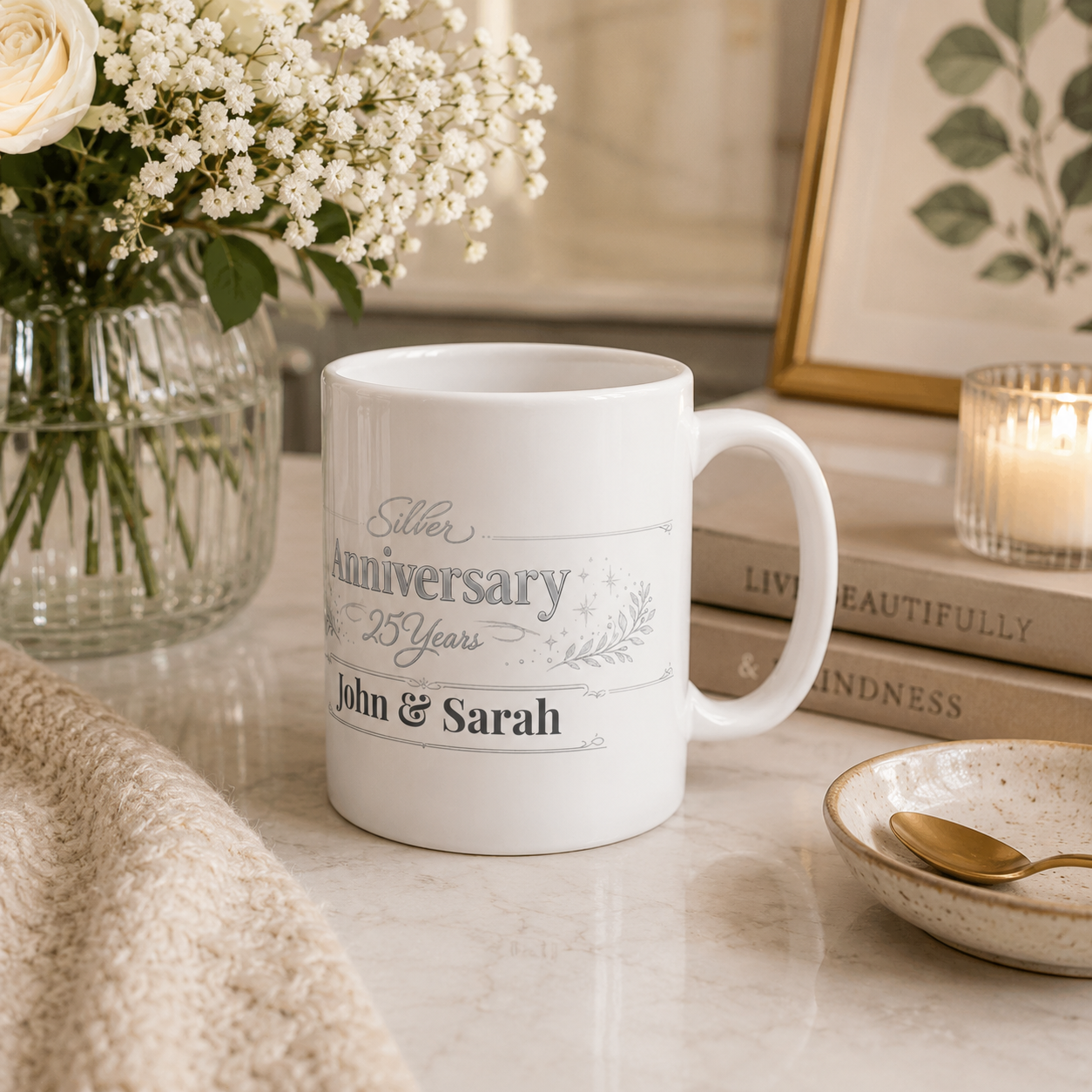 Silver anniversary mug displayed on a kitchen counter