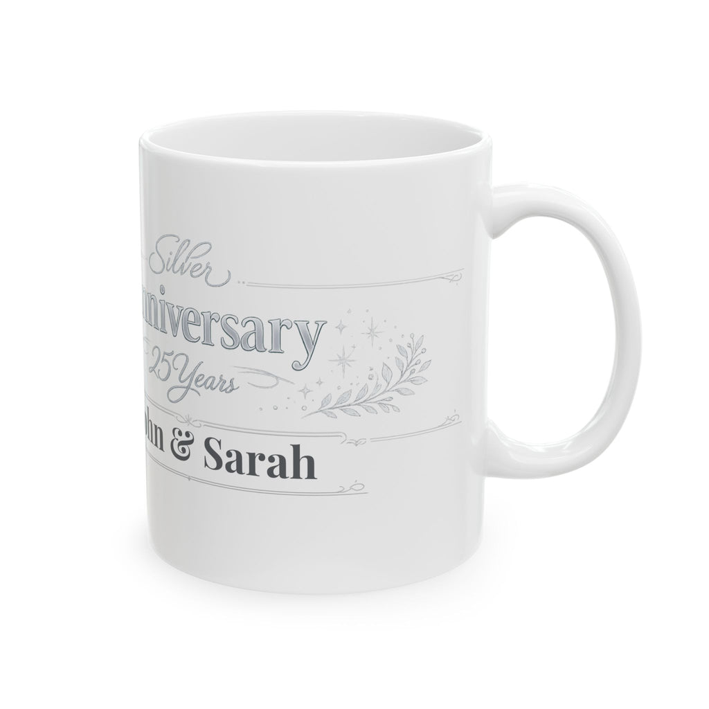 Silver 25th anniversary mug with John and Sarah personalized names