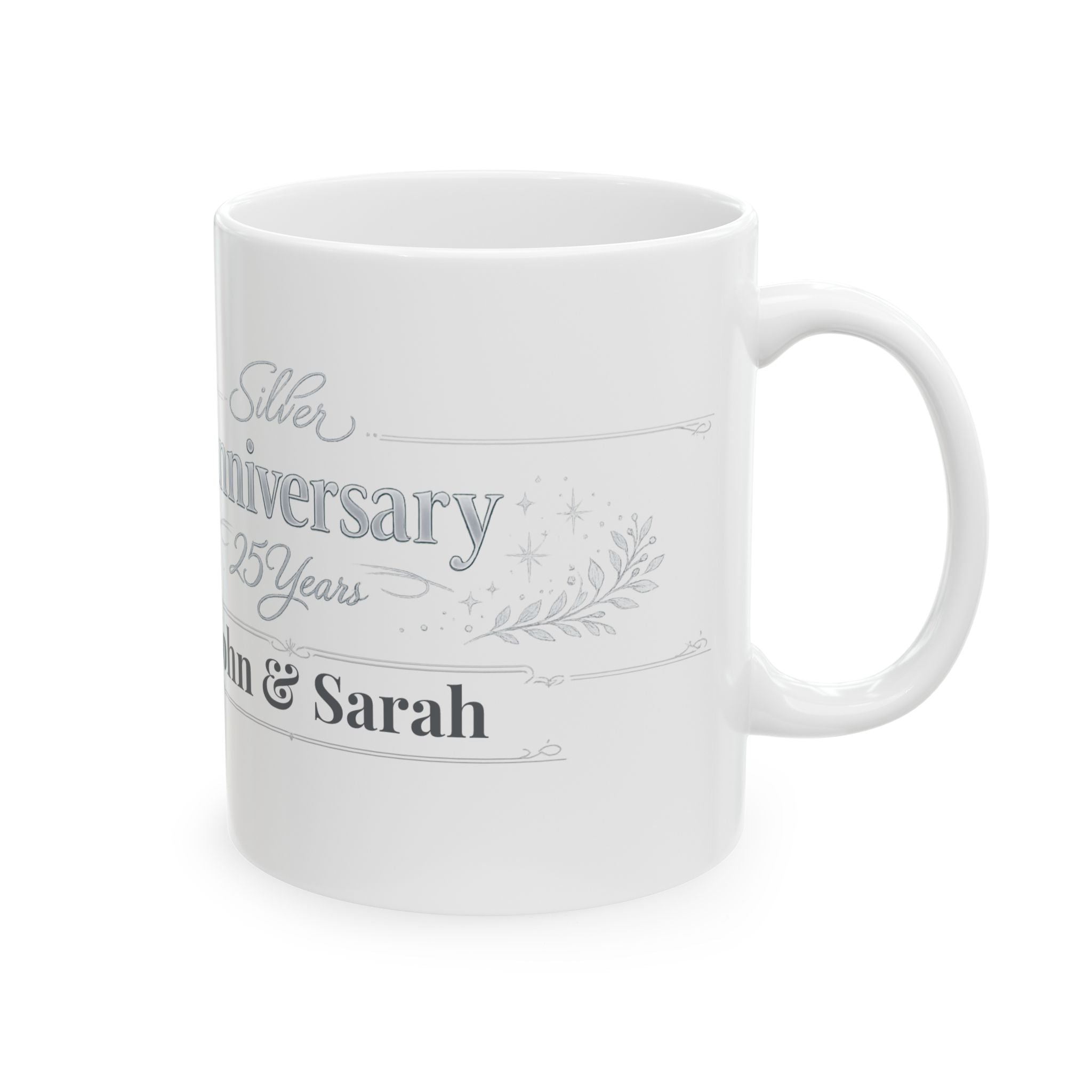 Silver 25th anniversary mug with John and Sarah personalized names