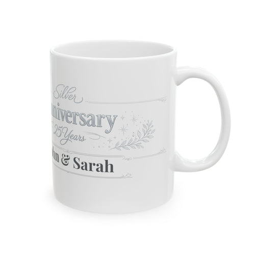 Silver 25th anniversary mug with John and Sarah personalized names