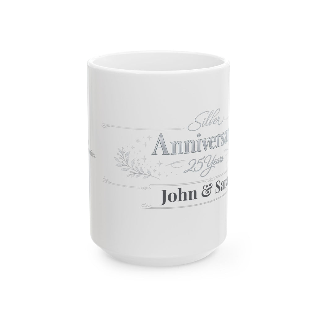 Silver anniversary mug displayed on a shelf