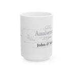 Silver anniversary mug displayed on a shelf