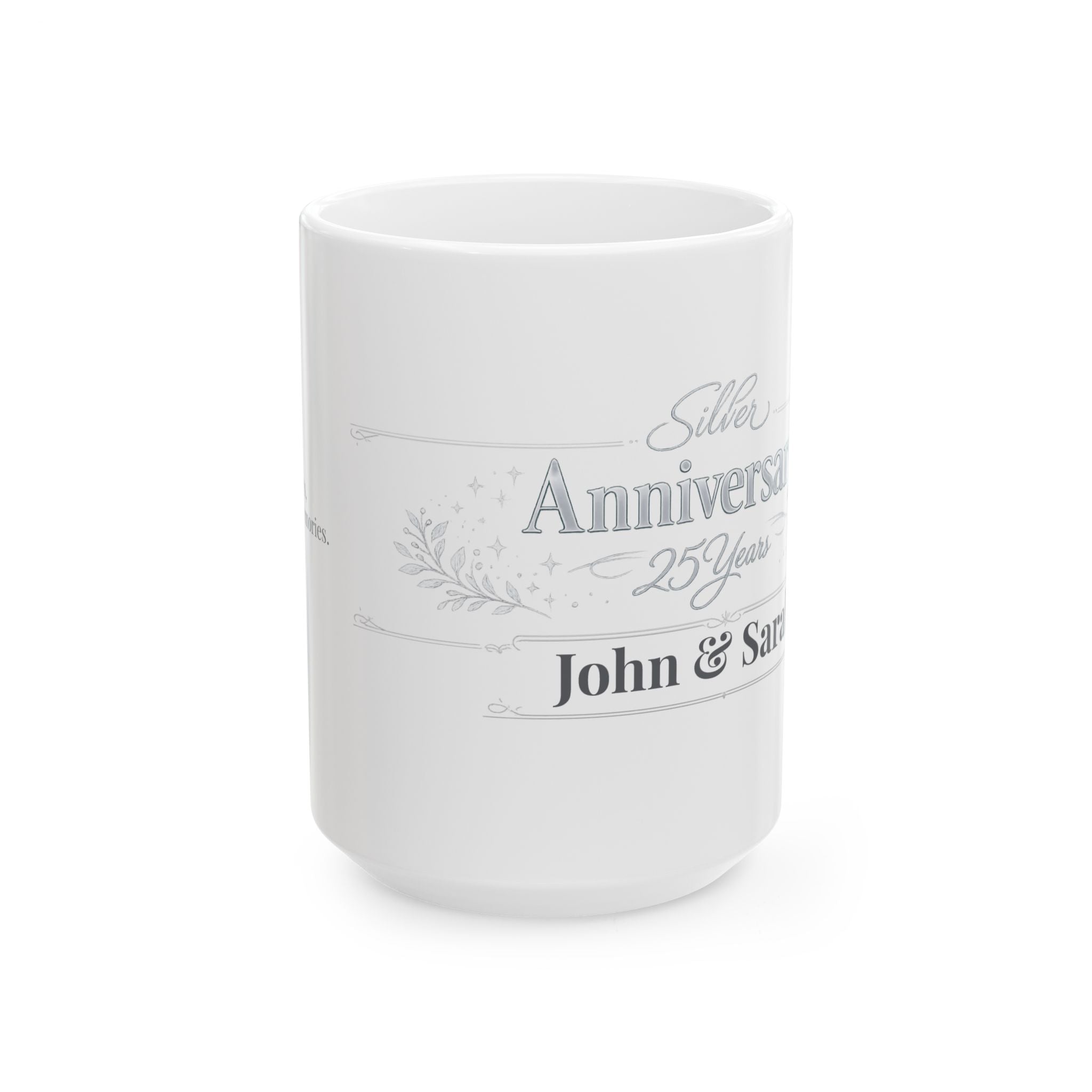 Silver anniversary mug displayed on a shelf