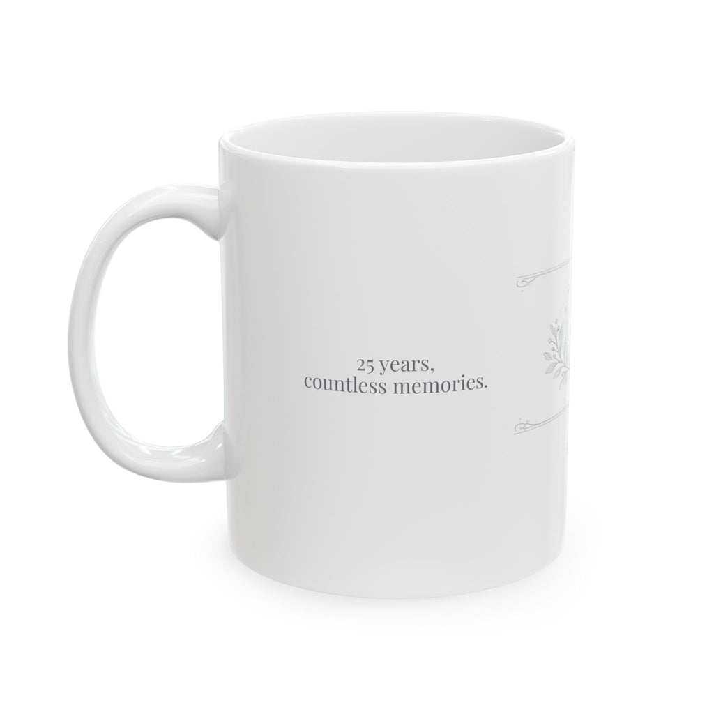 11oz and 15oz size comparison of the silver anniversary mug