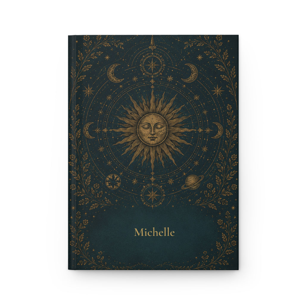 Sun and Moon personalized journal open flat showing custom name on dark teal cover with gold celestial illustration